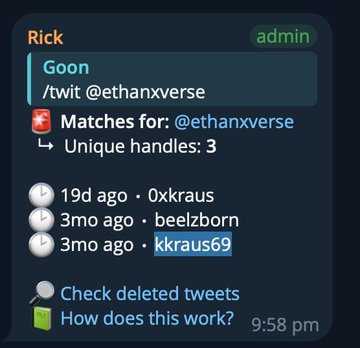 A Discord message from "Rick" via the "Goon" bot displays tracking information for the Twitter handle @ethanxverse, showing it has 3 unique handles (Oxkraus, beelzborn, and kkraus69) used over the past 19 days to 3 months. The screenshot supports the post's claim by documenting @ethanxverse's history of frequently changing accounts—a common tactic associated with serial scammers and ruggers.