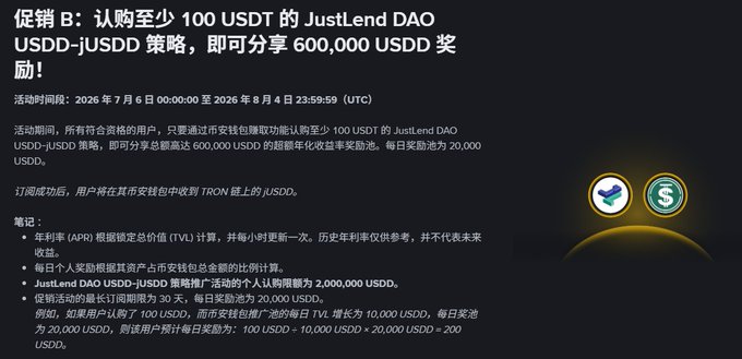 An image of a JustLend DAO and USDD promotional campaign announcing that users can earn rewards by subscribing to at least 100 USDT in the JustLend DAO USDD-jUSDD strategy. Key details include an activity period running from July 6 to August 4, 2026, and a shared reward pool of 600,000 USDD, with examples showing how daily rewards are calculated based on deposit amounts and TVL growth.