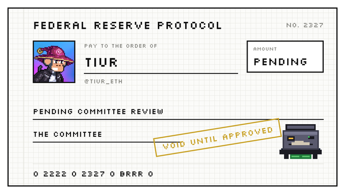 A 'Federal Reserve Protocol' check made out to 'TIUR' (@TIUR_ETH) with 'VOID UNTIL APPROVED' stamped across it, featuring a pixel-art wizard avatar.