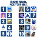 A chart titled '8 HOUR FLIGHT, PICK YOUR SEAT' showing numbered seat options (1-10) with various emojis/characters representing different passengers, arranged in blue squares.