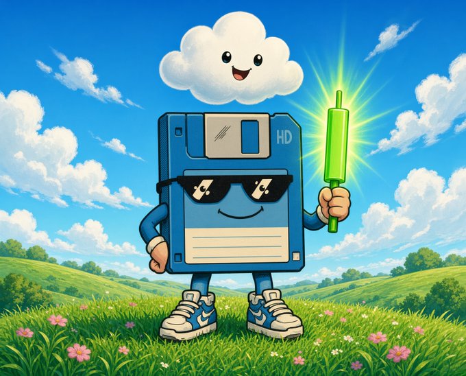 A colorful cartoon illustration of an anthropomorphic blue floppy disk wearing sunglasses and sneakers, holding a glowing green lightsaber, with a smiling white cloud character floating above in a sunny grassy field.
