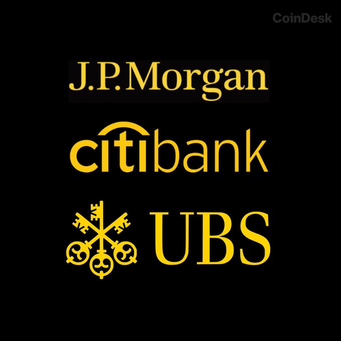 A CoinDesk graphic on a black background displaying the logos of three major banks in yellow text: J.P. Morgan, citibank, and UBS.