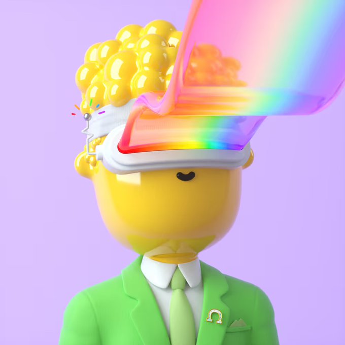 A 3D rendered character with a yellow head wearing a white bandana and a green suit with a tie and horseshoe lapel pin, featuring a vibrant rainbow-colored horn or visor extending from its head against a lavender background.