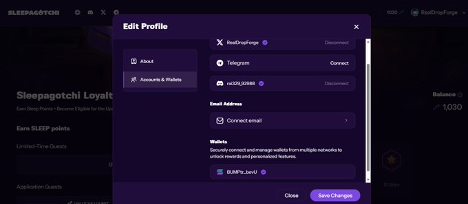 The image shows a screenshot of a computer screen displaying a profile, which has an edit profile option open. This profile page is set in a dark purple color scheme, making the details stand out. The post that overlays this screenshot emphasizes the importance of grinding at sleepagotchi, especially on their Discord account and within the app's wallet system. It mentions connecting to several social media platforms for maximum impact. Additionally, it highlights the use of email as a primary means of communication in the platform but does not provide specific details about the email addresses or the amount of money earned through grinding at sleepagotchi.