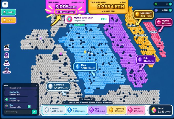 Screenshot of a hexagon-based virtual land game showing 'DEED SUPPLY 3,005', 'BURN VALUE 0.2554 ETH', and a breakdown of Common (1,429), Rare (1,188), Epic (314), Legendary (239), and Mythic (163) tiles, with a chat panel on the left.