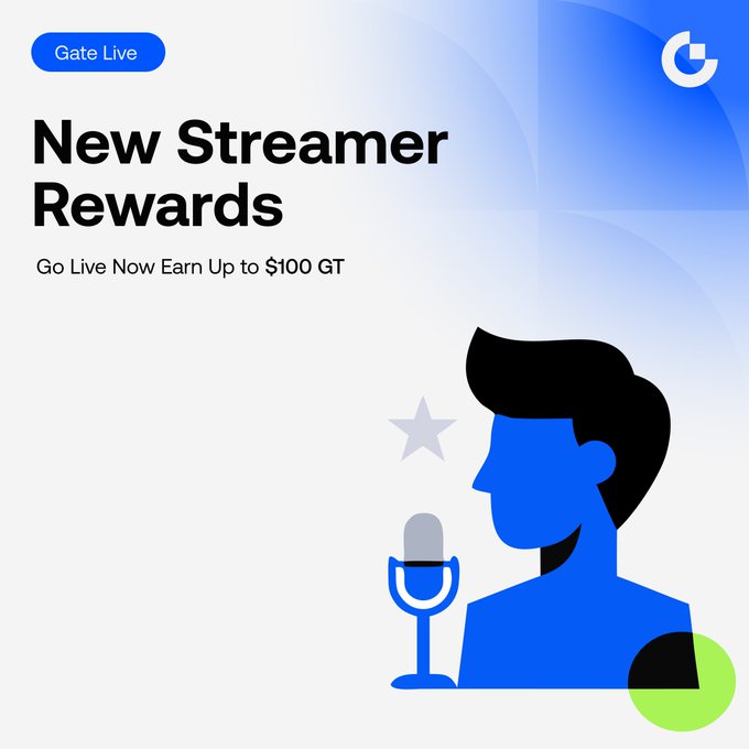 Promotional graphic for 'Gate Live' announcing 'New Streamer Rewards' with the tagline 'Go Live Now Earn Up to $100 GT', featuring a blue illustration of a man speaking into a microphone.