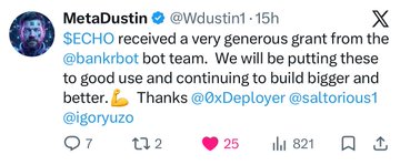 The image is a screenshot of the side of a Twitter account, which contains a message from the creator stating that they have been receiving $ECHO as support for their project. The post explains that Echo has actively engaged with them by providing help in various aspects and encourages the user to continue supporting this project. In addition, there are mentions of other users like the Bankr team and an interaction between the creator and a user named Iggy Yuzoo.