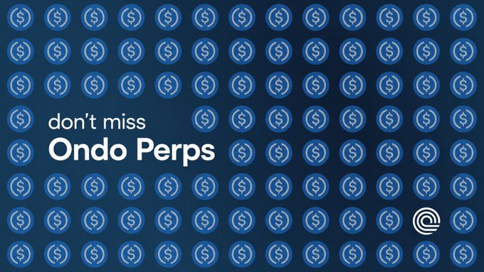 A blue advertisement with repeating dollar sign icons promoting 'Ondo Perps' with the text 'don't miss Ondo Perps' and an Ondo logo.
