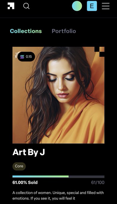 A digital art collection page titled 'Art By J' shows a portrait of a woman, tagged 'Core', with '61.00% Sold' and a price of 0.15.