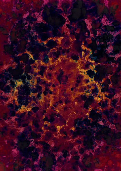 An abstract, textured pattern resembling flowing lava or marbled stone, featuring dark areas interspersed with vibrant red, pink, and orange hues.