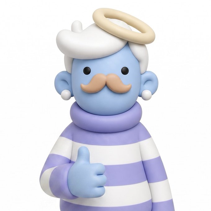 A 3D rendered character with light blue skin, white hair, a peach-colored mustache, a cream halo, a purple and white striped sweater, and giving a thumbs-up gesture.