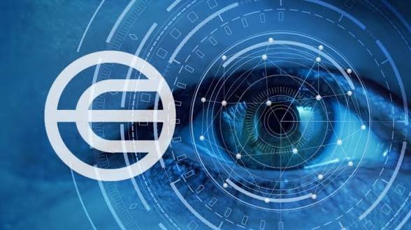 A blue digital graphic showing a white circular logo with a horizontal line and a central dot, superimposed over an eye and geometric technological patterns.