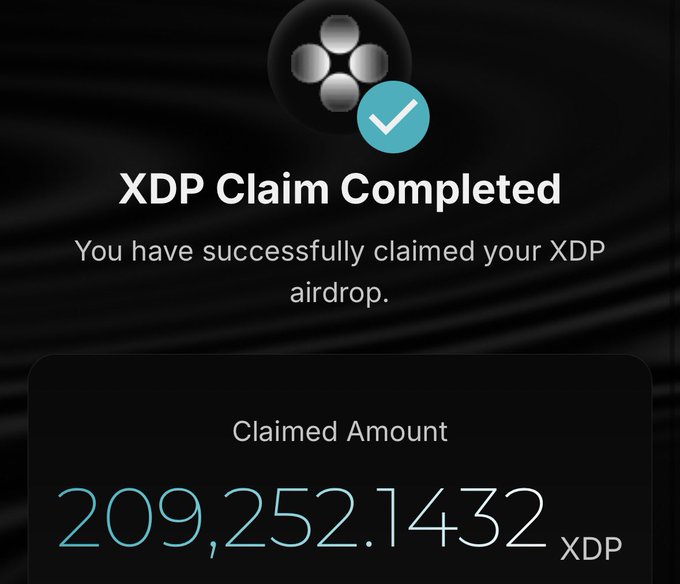 A screenshot showing an "XDP Claim Completed" confirmation with a claimed amount of 209,252.1432 XDP, tied to the user's post celebrating their XDP airdrop valued at around 540,000 yen.
