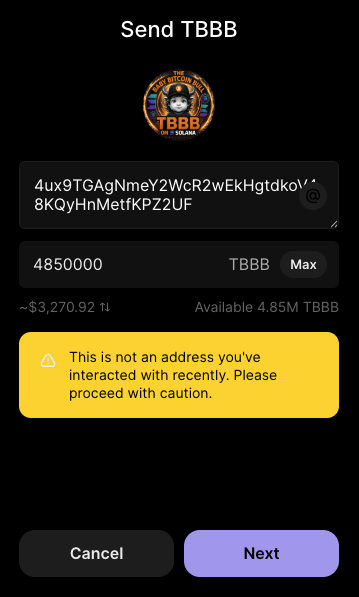 A crypto wallet interface displays a "Send TBBB" transaction screen attempting to send 4,850,000 TBBB tokens (~$3,270.92) to a new address starting with "4ux9TGAgNmeY2WcR2wEkHgt..." with a warning that it is "not an address you've interacted with recently." This visually corresponds to the post's mention of sending the remaining Baby Bull tokens back to Digi.