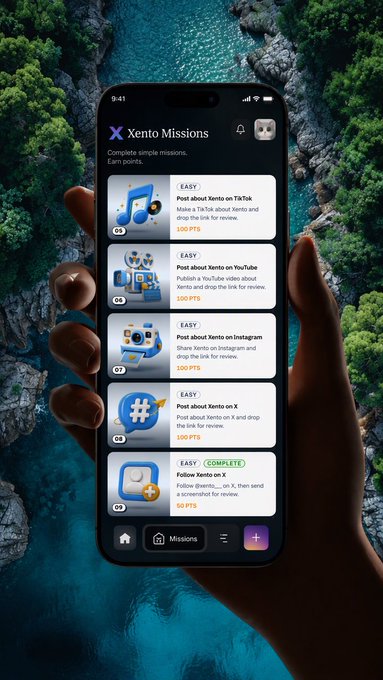 A hand holds a smartphone displaying the 'Xento Missions' interface with a list of easy social media tasks. Visible missions include posting on TikTok, YouTube, Instagram, and X, each offering varying PTS rewards, with one mission marked 'COMPLETE'.