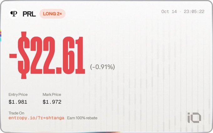 A trading dashboard showing a PRL LONG 2x position with a loss of -$22.61 (-0.91%), entry price $1.981 and mark price $1.972, dated Oct 14 at 23:05:22, traded on entropy.io with a 100% rebate offer.