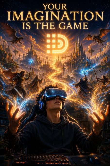 A fantasy promotional poster reads 'YOUR IMAGINATION IS THE GAME' with a stylized 'D' logo, showing a gamer wearing a VR headset with magical energy emanating from their hands.