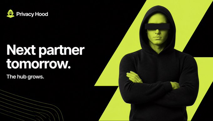 A hooded figure with arms crossed stands against a black and neon-green geometric background, with "Privacy Hood" branding in the top left and bold text reading "Next partner tomorrow. The hub grows." The image visually reinforces the post's announcement of an upcoming partnership, using the anonymized figure to emphasize the privacy-focused theme.