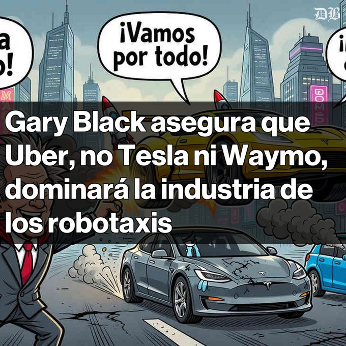 A comic-style graphic with Spanish text reading 'Gary Black asegura que Uber, no Tesla ni Waymo, dominará la industria de los robotaxis,' depicting a distressed person and cars including a Tesla in a city.
