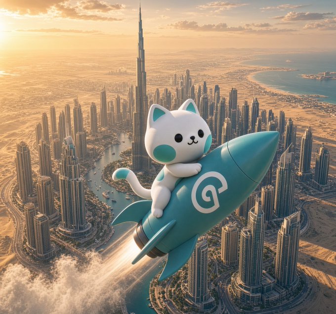A cute white cat with teal accents rides a teal rocket with a swirl logo through the skies above Dubai's skyline, including the Burj Khalifa, soaring over the city at golden hour as a playful "GM" (good morning) greeting.