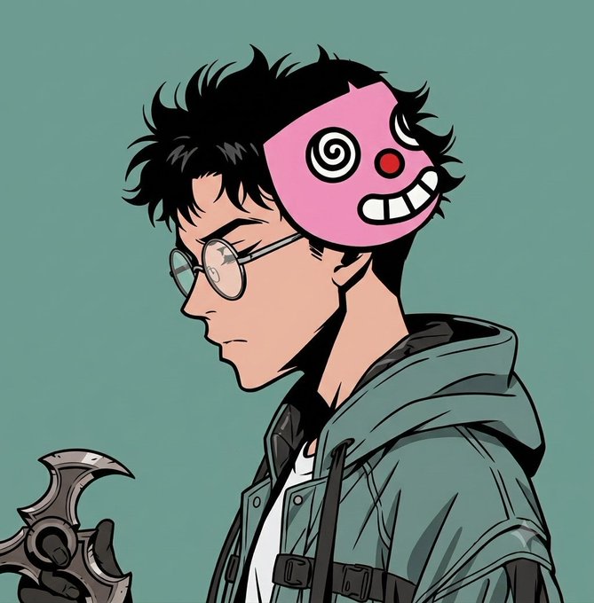 An anime-style illustration of a young man with glasses and a green hooded jacket, wearing a pink clown mask on the side of his head, holding a weapon.