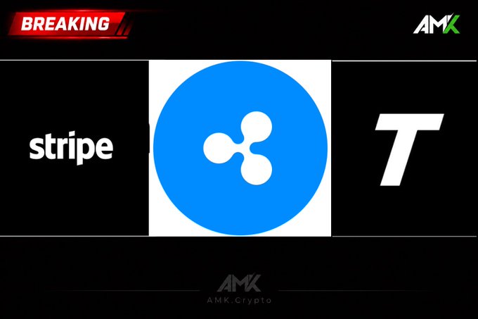 Breaking news graphic from AMK.Crypto featuring logos of Stripe, Ripple (XRP), and Tether.