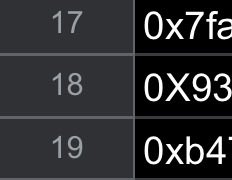A partial screenshot showing hexadecimal values (0x7fa, 0X93, 0xb4) listed next to the numbers 17, 18, and 19 on a dark background.