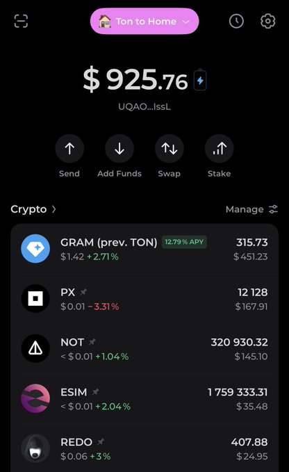A screenshot of a cryptocurrency wallet showing a balance of $925.76, with holdings including GRAM (TON) at $451.23, PX, NOT at $145.10, ESIM, and REDO.