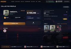 A screenshot of the SBOMI cryptocurrency website showing collector profiles with ETH balance information and various digital collectibles listed on a dark-themed interface.