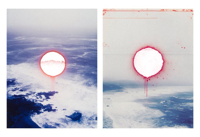 Two side-by-side photographs taken from above Earth's cloudscape feature bright circular white forms bleeding red edges, resembling a nuclear detonation or solar eclipse viewed from space, with the right image showing additional red paint-like splatters along its borders. The artwork, titled "Manual Erasure," visually echoes themes of destruction and intervention from above, complementing its availability as a 1/1 NFT on Transient Labs for 0.075 ETH.