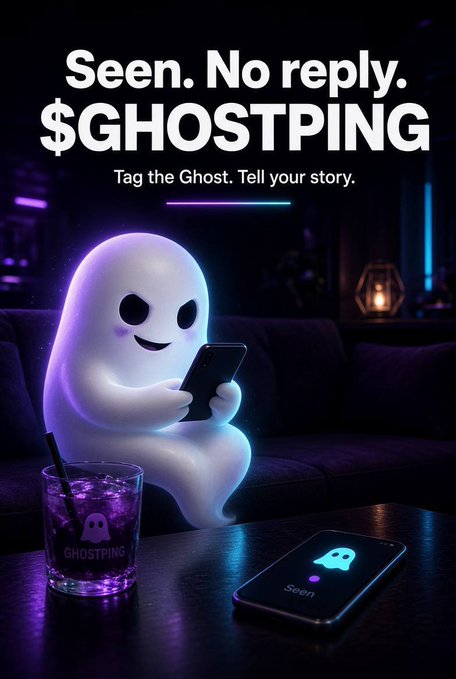 App advertisement with the text 'Seen. No reply. $GHOSTING' and 'Tag the Ghost. Tell your story.', showing a cute white ghost character holding a smartphone in a dark, moody room.