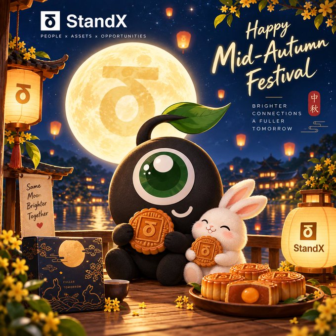 A festive 'Happy Mid-Autumn Festival' promotional image for 'StandX' featuring a black character mascot and a white rabbit holding mooncakes, set against a large full moon with traditional Chinese architecture and lanterns in the background.