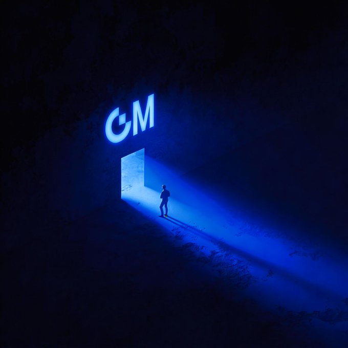 A lone figure stands in a beam of blue light spilling from an open doorway, beneath the glowing letters "GM" floating in the darkness — a striking visual interpretation of the greeting "GM!" (good morning), as if the doorway itself is delivering the message into a shadowy world.