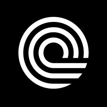 The image displays a white stylized logo featuring concentric circular arcs and lines forming a spiral-like "e" or "@" symbol on a black background, which appears to be the Ethereum logo, representing the blockchain platform mentioned in the post about Ondo Finance's tokenized securities launched on Ethereum.