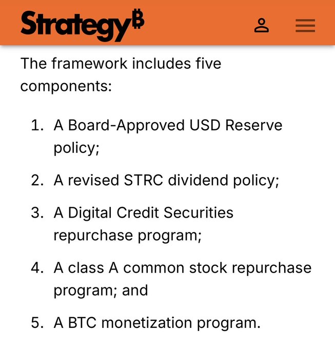 Screenshot from Strategy's (formerly MicroStrategy) website listing five components of their "Digital Credit Capital Framework," including a Board-Approved USD Reserve policy, a revised STRC dividend policy, a Digital Credit Securities repurchase program, a Class A common stock repurchase program, and a BTC monetization program—aligning with Michael Saylor's announcement of measures like the 12% STRC dividend hike, MSTR/STRC buybacks, and potential BTC sales to provide bear market security.
