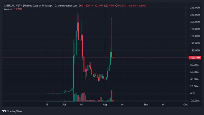 A TradingView candlestick chart shows CASHCAT/WETH market cap on Uniswap, currently at 100.17M, displaying volatile price action with major peaks around late July and early August 2026.