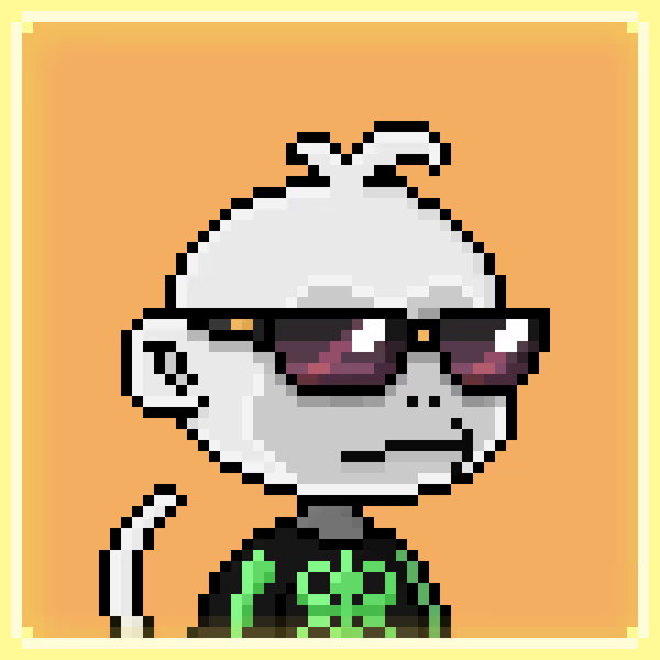A pixel art illustration of a character wearing sunglasses and a green shirt, possibly the Misfits Energy mascot, on an orange background.