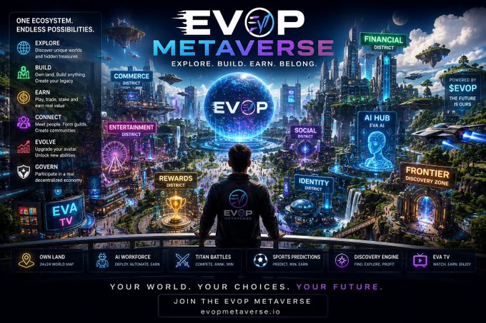 A promotional poster for "EVOP METAVERSE" with the tagline "Explore. Build. Earn. Belong." showcasing various districts like Finance, Commerce, Entertainment, and Rewards, with the website "evopmetaverse.io" at the bottom.