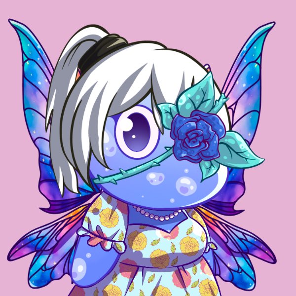 An anime-style character has a single large purple eye, white hair in a ponytail, blue butterfly wings, a blue rose mask accessory, and a dress with sunflower patterns.