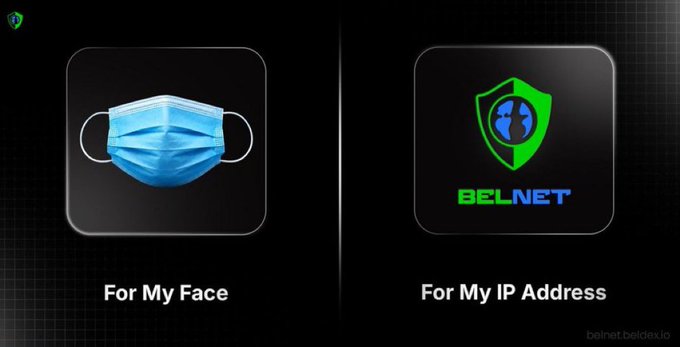 Two icons side by side: a blue surgical mask labeled 'For My Face' and a BELNET shield logo labeled 'For My IP Address', from belnet.beldinos.io.