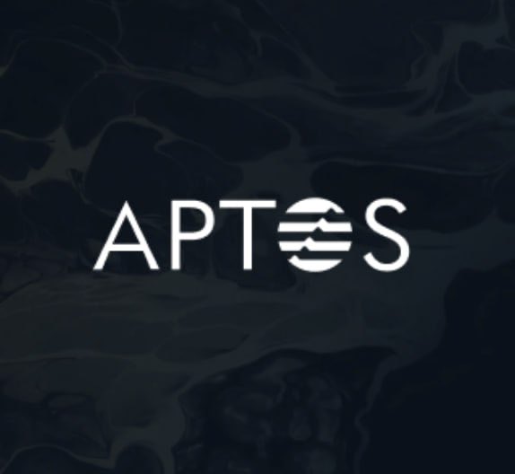 A dark, marbled background featuring the 'APTOS' logo in white with a stylized circular emblem replacing the 'O'.