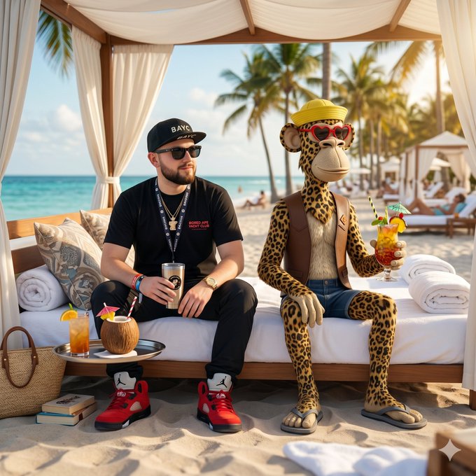 The image features a man wearing sunglasses, sitting on a bed next to a leopard-print stuffed animal that appears to be a monkey. The scene takes place at a beach resort or hotel, with palm trees visible in the background. There are also several people present in the image, some of whom appear to be enjoying their time by the water.

The post includes text such as "Touching some South Beach sand today with my BAYC", which suggests that the man and the stuffed animal might have been at a beach location or resort where they decided to take a break from the sun and relax on the bed together.