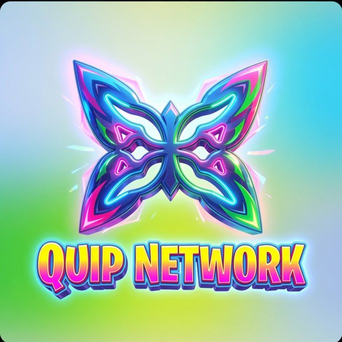 A colorful butterfly logo with neon blue, pink, and green accents above the text 'QUIP NETWORK' on a gradient pastel background.