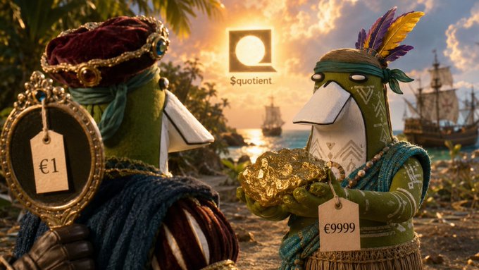 A whimsical, AI-generated image showing two anthropomorphic bird-like figures on a beach at sunset—one dressed as a nobleman with a price tag of '€1' in an ornate frame, and the other as a tribal figure holding gold with a price tag of '€9999'—with the 'Quotient' logo in the sky.