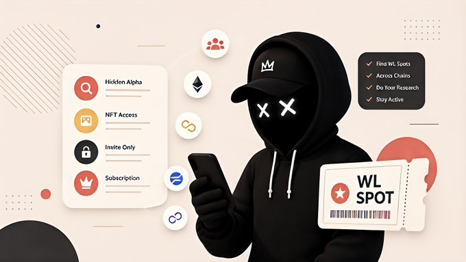 A graphic design features a hooded figure holding a smartphone and a 'WL SPOT' ticket, alongside text listing features like 'Hidden Alpha', 'NFT Access', and 'Invite Only'.