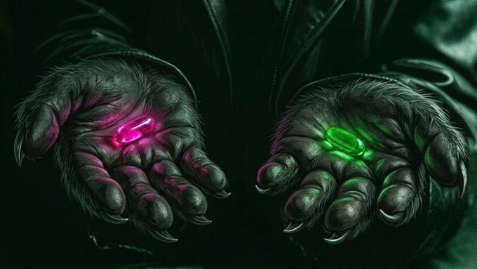 A pair of furry, clawed hands cradle two glowing pills—one red and one green—evoking the iconic choice from *The Matrix*. Tied to the ticker $PACK, the imagery presents a cryptic "red pill or green pill" dilemma, inviting viewers to decide their stance on the token.
