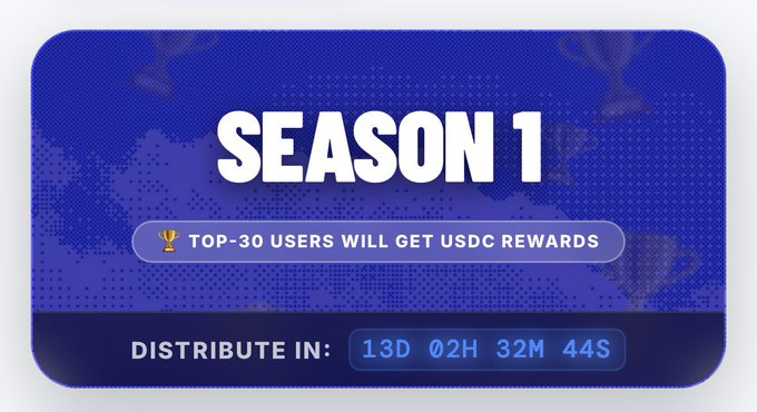 The image shows a blue sign with white text, advertising the last few days of a competitive game show called "Season 1". It says that there are 13 days left until the end of Season 1, which has attracted Top-30 users who will win USDC rewards if they participate in the competition. The prize is described as special and offers an opportunity to win either $30 or $200. The sign also features a map indicating where the top-ranking players have placed their heads and where other participants are currently located. This suggests that this game show has been popular, with players trying their best to win these rewards.