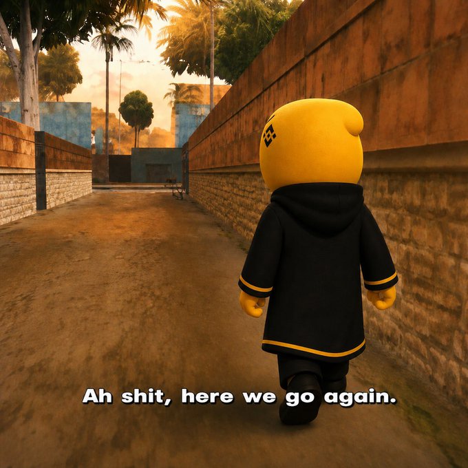 A cartoonish character with a yellow head and black hooded jacket walks down a dirt alleyway lined with stone walls, with the caption "Ah shit, here we go again." displayed at the bottom.