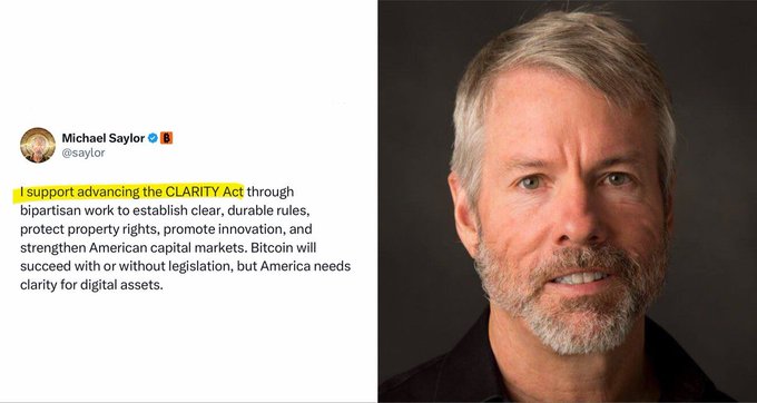 A tweet from Michael Saylor (@saylor) advocating for the CLARITY Act, shown alongside a portrait of Saylor, emphasizes the need for clear digital asset regulations and strong American capital markets.