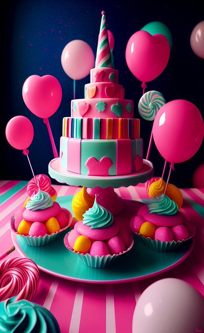 A colorful, whimsical birthday cake display features a multi-tiered pink and mint green cake surrounded by pink balloons, lollipops, and decorated cupcakes on a striped tablecloth.